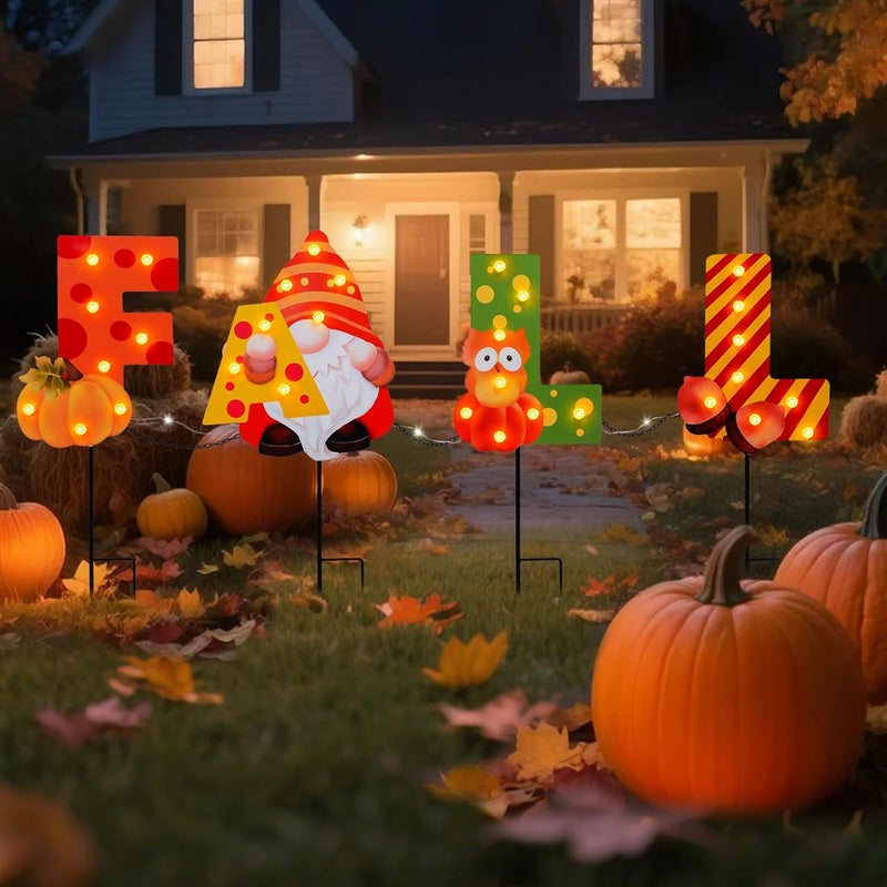 VCUTEKA Fall Yard Decor Outdoor Autumn Harvest Garden Stakes with LED Light Squirrel Gnome Letter Pumpkin Yard Sign with Stakes Fall Thanksgiving Decoration for Home Outside Lawn Garden Holiday Decor - Image 4